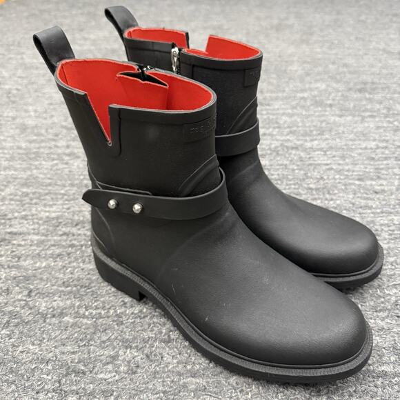 Rag & Bone Moto Rubber Rain Boots Women US 7.5 38 Black Red Lining Ankle Booties - Picture 1 of 13